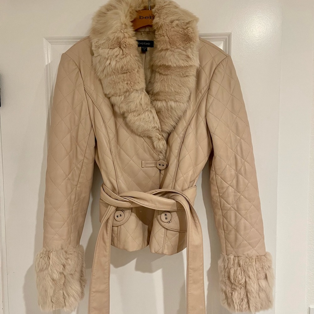 BEBE Genuine leather fur jacket. Size M. Color: Cream